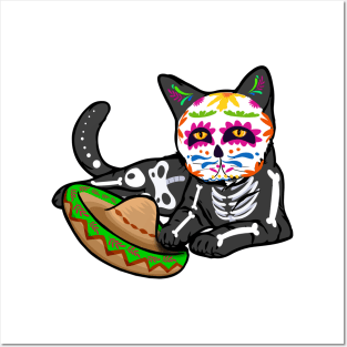 Mexican Skull Cat Halloween Day Posters and Art